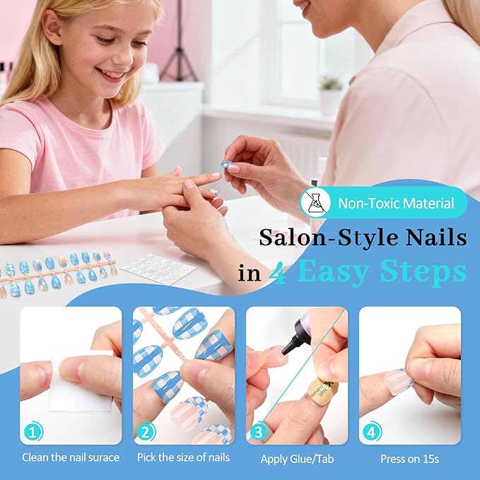 16 Sizes Press on Nails Kit for Kids - 32 Pieces French Almond Fake Nail Tips for Girls 8-12 Years Old with Jelly Nail Adhesives & No-Lamp Nail Glue, Birthday Christmas Gifts(French Blue Grid)