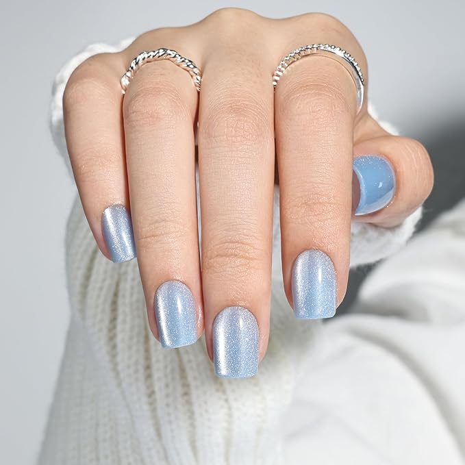 Press On Nails, Short Square Blue Press on Nails Arctic Glazed Nails Press Ons for Women DIY Fake Nails Kit with Glue, Glossy Reusable Glue on Nails Short in 15 Sizes - 30pcs, Arctic Glaze