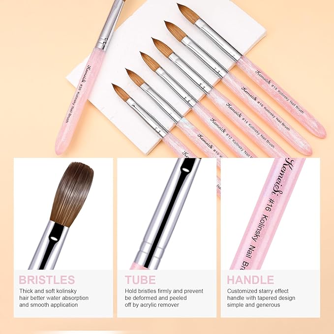 Acrylic Nail Brush Size #14, 100% Pure Kolinsky Nail Art Brushes for Acrylic Application, Sturdy Starry Handle Oval Shaped Nail Design Tools for Professional Manicure DIY, Pink