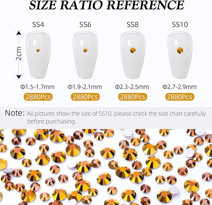 Gold Flatback Rhinestones, Glass Rhinestones for Nail Art and Craft, Glue Fix, Loose Crystal Gemstones(Gold, SS4, 2880pcs, 1.5-1.7mm)