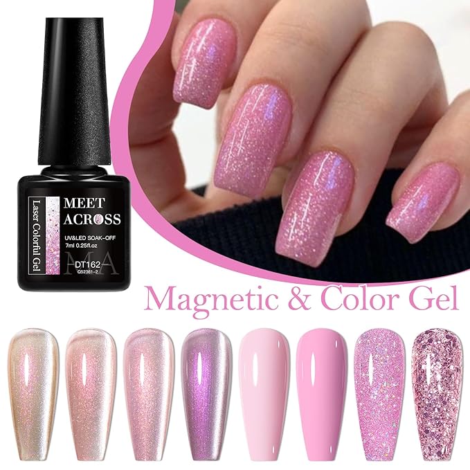MEET ACROSS 8pcs Gel Nail Polish Set, Soak off UV LED Lamp Gel Nail Polish Cat Eye Set Home Gel Manicure Kit 7ml (Cat Eye + color Gel-6)