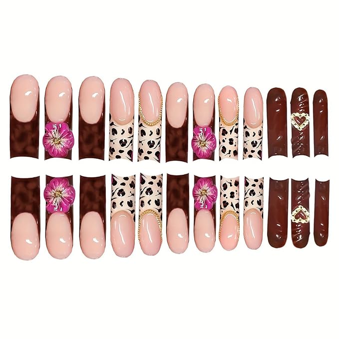 RTKHFZE Press on Nails Long Square Fake Nails Leopard French Tip Glue on False Nails Nails Press ons with 3D Flower Artificial Heart Metallic Acrylic Nail for Women 24Pcs Stick on Nail