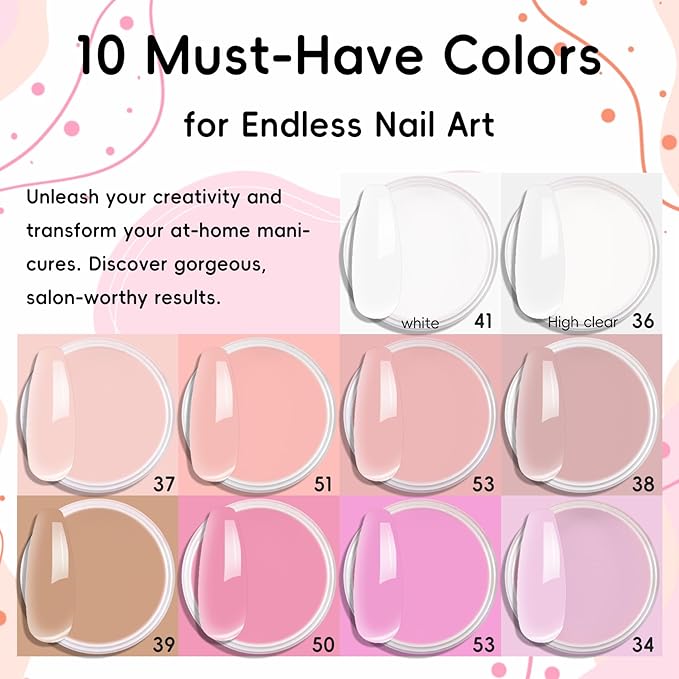 Acrylic Powder Set for Nail Extensions - 10 Colors 20g Each, Professional 3D Nail Art Carving Powder, Acrylic Nail Powder No Lamp Needed, Bubble Free, Long Lasting, Salon Quality DIY Manicure Kit