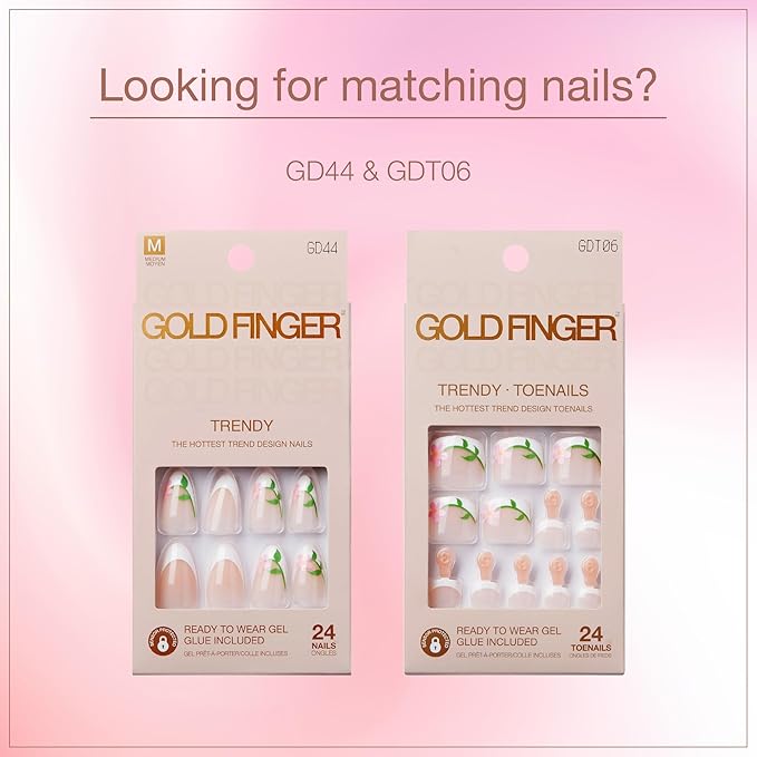GoldFinger 24 Pcs Press On Nails, Medium Almond Fake Nails, Flower French Tip Gel Stick On Extensions, Reusable Full Cover False Nail Kit with Glue, Manicure Stick & File, 7 Day Long Lasting Wear