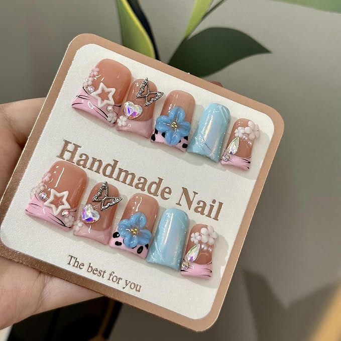Duck Press on Nails Handmade Fake Nails Short False Nails with Glue,Muti-Layer Gel Thick Press ons Nail 3D Flower Art ＆ Luxury Gems Design Reusable Pink French Nails for Women(Size S)