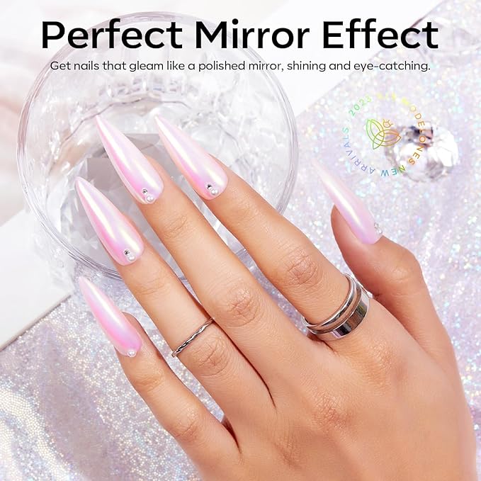 modelones Chrome Nail Powder Pearl Chrome Powder for Nail Magic White Glazed Chrome Nail Powder Mirror Effect Holographic Aurora Iridescent Pearlescent Manicure for 3D Sculpting Nail Art 4 Colors