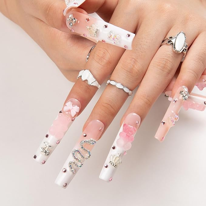 LOVFUL Press on Nails Marshmallo Gummy Bear Square | Luxury Diamond Pink Cotton Candy Nails| Pink Nails | Square Long 2.2 in | H26 (L)