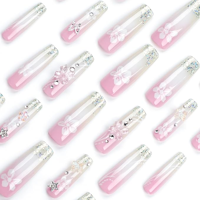 RTKHFZE Nails Press Ons French Press on Nails Long Square Fake Nails with Charms 3D Butterfly and Rhinestones Designs Acrylic Nail French Pink White Gradient Full Cover False Nails for Women 24Pcs
