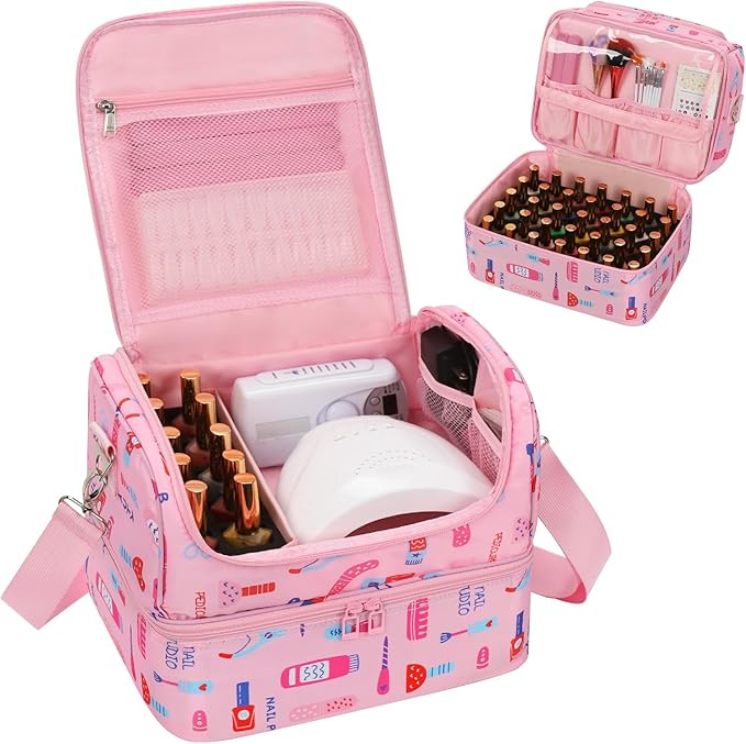 Nail Polish Organizer Case - Holds 45-90 Bottles & UV Nail Lamp, Nail Tech Organizers And Storage Bag for Nail Supplies & Manicure Kit & Pedicure Tools, Nail Technician Case (Cartoon Pink, 45 Slots)