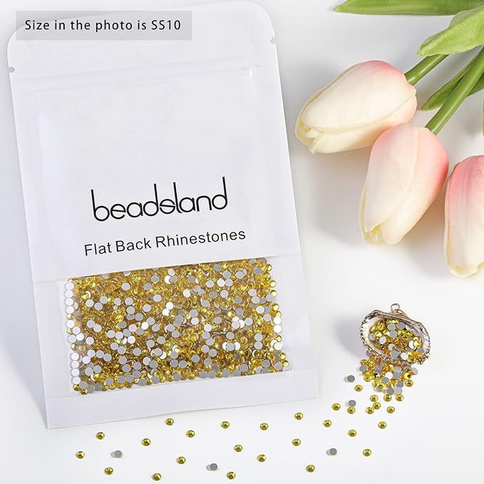 Beadsland 2880pcs Flat Back Crystal Rhinestones Round Gems for Nail Art and Craft Glue Fix,Lemon Yellow,SS10,2.7-2.9mm