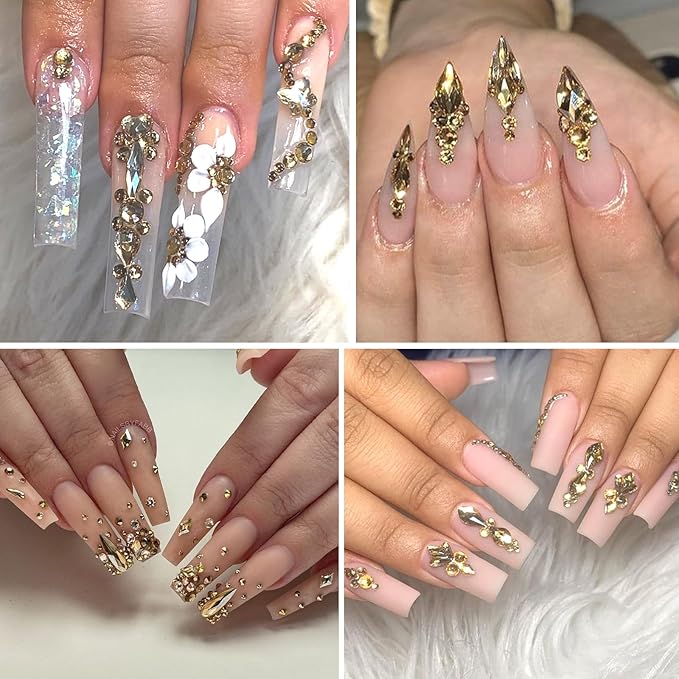 Nail Charms and Gems - 5000 Pcs, 20 Types, 20 Sizes, with Kit, Nail Rhinestones, Faux Pearls, Beads, for Nail Art (Champagne Gold)