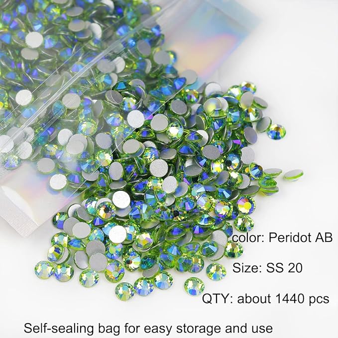 1440 PCS Peridot AB Rhinestones SS20, 5mm Light Green Aurora Borealis Flatback Glass Rhinestone for DIY Crafts, Shoes, Wedding Dreass, Tumbler, Cup, Makeup, Bling Decoration