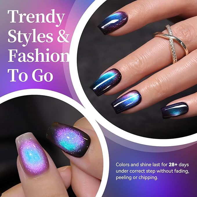 Born Pretty Cat Magnetic Eye Gel Nail Polish Set,Glitter Blue Pink Green Purple Holographic Magnetic Gel Polish Shimmer Auroras Gel Polish for Salon Manicure DIY 6PCS 7ML