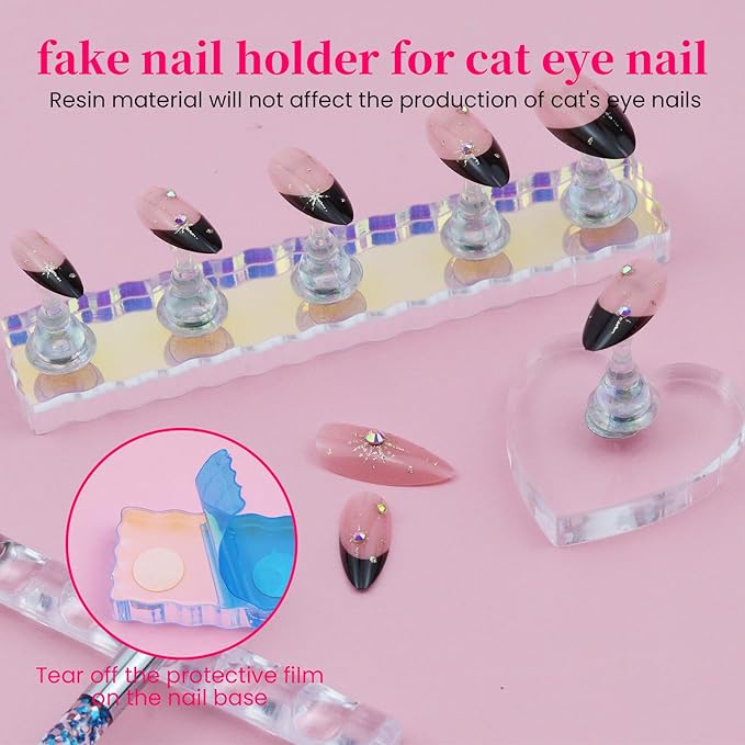 Nail Stand For Press On Acrylic Strong Magnetic Nail Holder Kit For Painting Nails Tip Arts Display With 200PCS Double-Sided Tape And 1 Heart Shaped Acrylic Magnetic Presson Stand Aurora