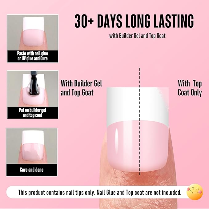 NOVO OVO Old School Wide White French Short Sharp Square Tip Nail Tips Press on MILKY PINK, Need Builder Gel Top Coat Nail Glue, Soft Gel Full Cover Fake Nail Extension, for DIY x 15 Sizes 240 pcs