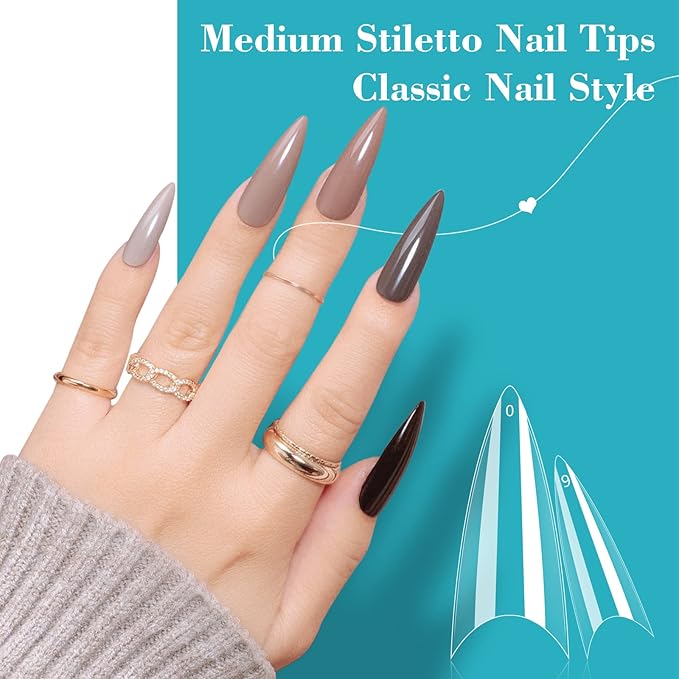 Lionvison 500PCS Clear Stiletto Nail Tips, Medium Wide Acrylic Nail Tip for Dip Powder, Half Cover False Nail Tip, French Tips Nail Extensions for Nail Salon, 10 Sizes Fake Nail Tips