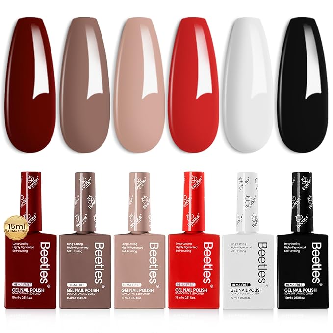 Beetles Hema-Free Gel Nail Polish Set - 6 Colors 15ML Brown Burgundy Black White Red Nude Soft Classics Polish Soak off Uv Led Lamp Nail Art Salon Colorful Bottle Manicure