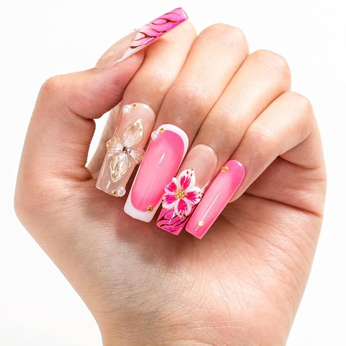 LOVFUL Handmade Acrylic Press on Nails Rosewater Bloom | Short Press ons | Reusable Fake Nails | Square Classic Regular 1.3 in | H499-S