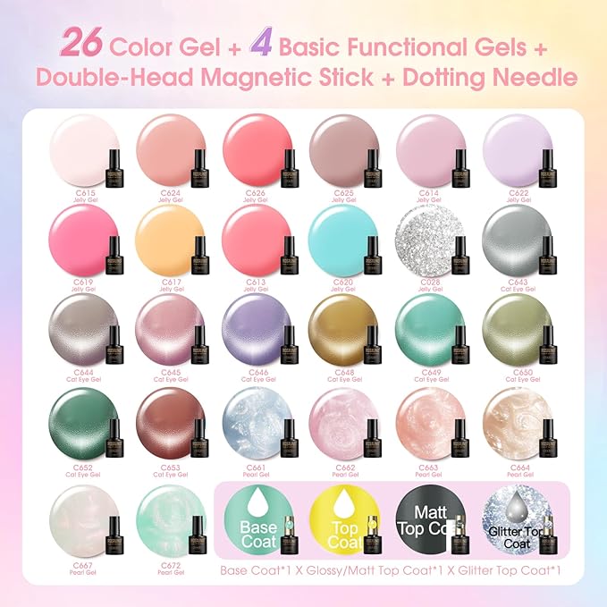 ROSALIND 30pcs Jelly Cat Eye Pearl Gel Polish Set, 26 color Translucent/Magnetic/Shell Swirl Thread Gel Polish Nail with Magnet and Dotting tools Base Glitter Glossy Matte Top Coat Nails Gift