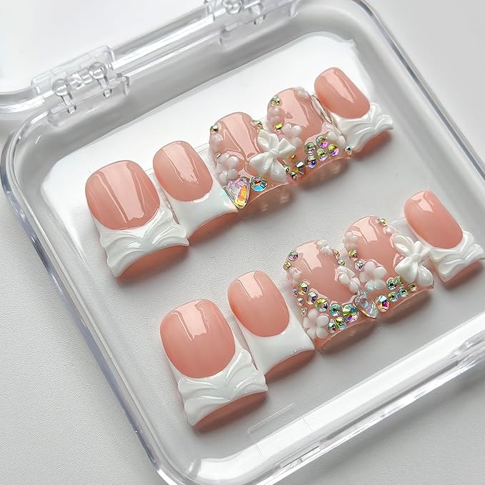 Luxury Press on Nails Short Duck Handmade 3D Unique Reusable ABS Material Fake Nails White French Tip False Nails with Designs Flower Butterfly Rhinestones Glossy Glue on Nail Thick Acrylic Nail(S)