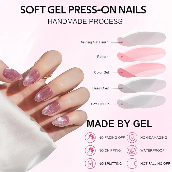 Press On Nails Short - Findigit Pink Cat Eye Almond Press On Nails with Glue for Women, Soft Gel Glue On Nails in 16 Sizes - 32 Stick On Fake Nails Kit, Pink Galaxy
