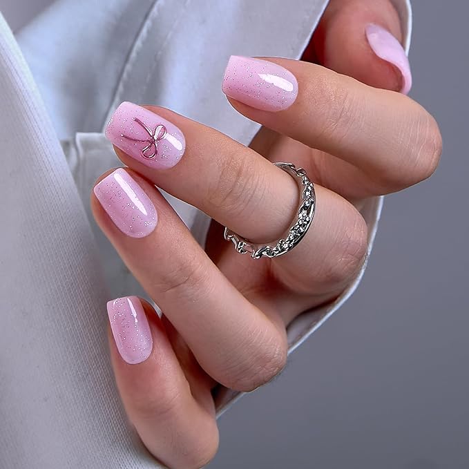 CurvLife Soft Gel Press On Nails Square, Long-Lasting Reusable Fake Nails Kit with Glue & Tabs, 30pcs Salon-Quality Stick On Nails for Women At-Home Manicure (Sparkle Bow)