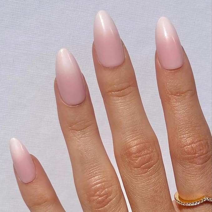 Press On Nails - Peony | Ombre French Tip, Long UV Finish Almond Nails, Salon Quality | 32 Nails, 16 Sizes Kit with Glue and Adhesive Tabs I Female Founded