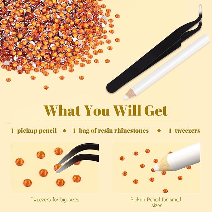 8000PCS 3mm Resin Rhinestones Bulk for Crafting (Orange), Flatback Bedazzling Crystals for Crafts DIY Nail Decoration, Gems Charms for Tumbler Shoes Clothing Fabric with Pickup Pen and Tweezers