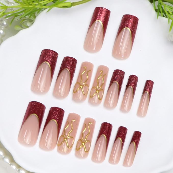 Long Press on Nails Square Fake Nails with Red Glitter French Tip Gold Line Bow Designs Nude Full Cover Glue on Nails Press ons Glossy Acrylic Stick on Nails for Women 24 Pcs