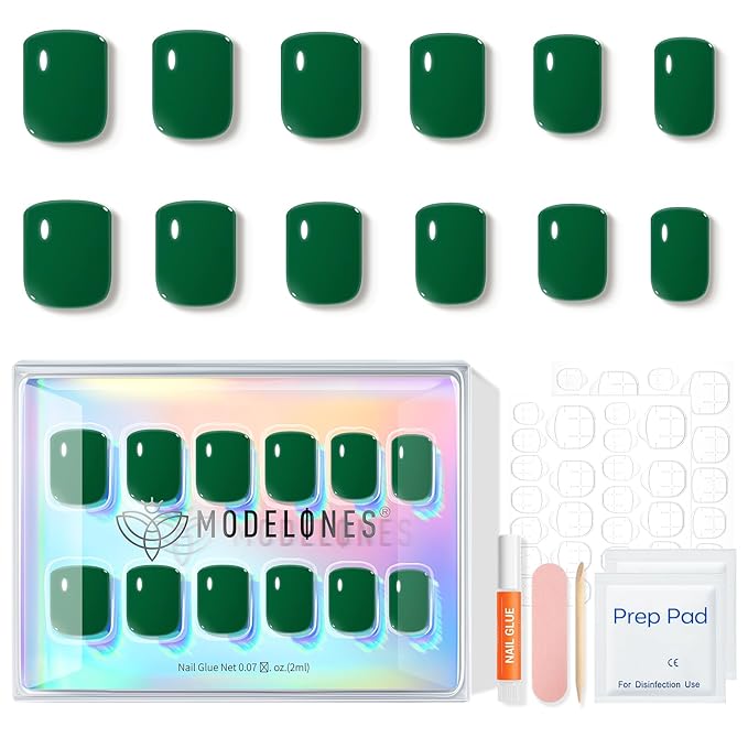 Modelones Extra Short Press on Nails, Jade Green Squoval Fake Nails, Reusable Nail Kit with Nail Glue Adhesive Tabs Mini Nail File, Nails Press Ons 32Pcs 16 Sizes, Spring Women Girl Gift