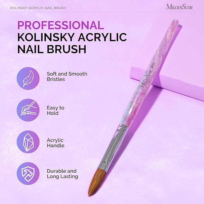 MelodySusie Kolinsky Acrylic Nail Brush,66% Kolinsky Hair Professional Nail Art Brush for Acrylic Application, Aurora Collection Fine Glitter Brush, Purple, Size 12