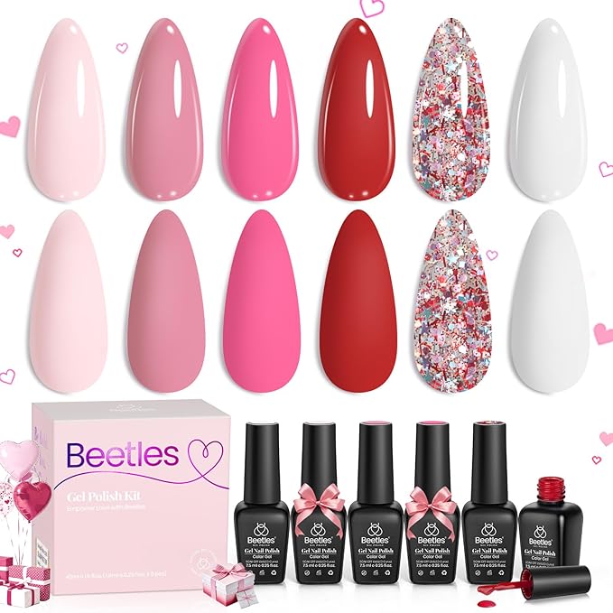 Beetles Spring Gel Nail Polish Set - 6 Colors Pink Gel Polish Nail Kit Red Nude Pink White Glitter Spring Color Gel in Love Collection Soak Off Uv LED Nail Lamp Gift for Women & Girls