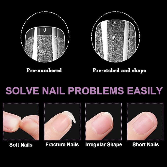 300Pcs Short Tapered Round Square Gel Nail Tips Pre-etching XS Squoval Press On Nails for Extension DIY Manicure Salon Home, Full Cover Acrylic False Nail for Beginners and Professional, BlueZOO
