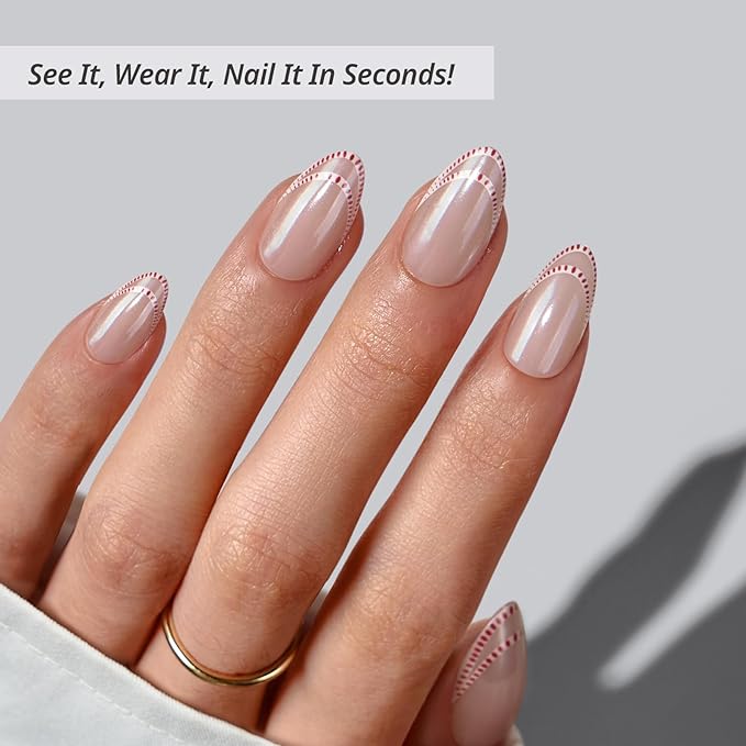 BTArtbox French Tip Press On Nails - Peppermint Kiss, White Pink Short Almond Press On Nails with Glue and Adhesive Tabs for Women in 16 Sizes - 32 Soft Gel Glue On Nails Kit