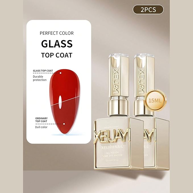 Xeijayi -15ml Gel Top Coat Set - Glass Shine & Rubber Top - Soak-Off UV/LED - High-Gloss Finish, Strengthening, Quick Cure, Long-Lasting, Chip-Resistant - Professional & DIY Manicure (2, Transparent)