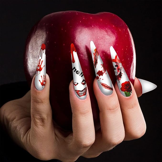 12 Sheets Halloween Nail Art Stickers 3D Self-Adhesive Nail Decals Skull Witch Ghost Horror Mouth Wound Scar Bloody Nail Designs Sticker for Women Girls Kids Halloween Party Supplies