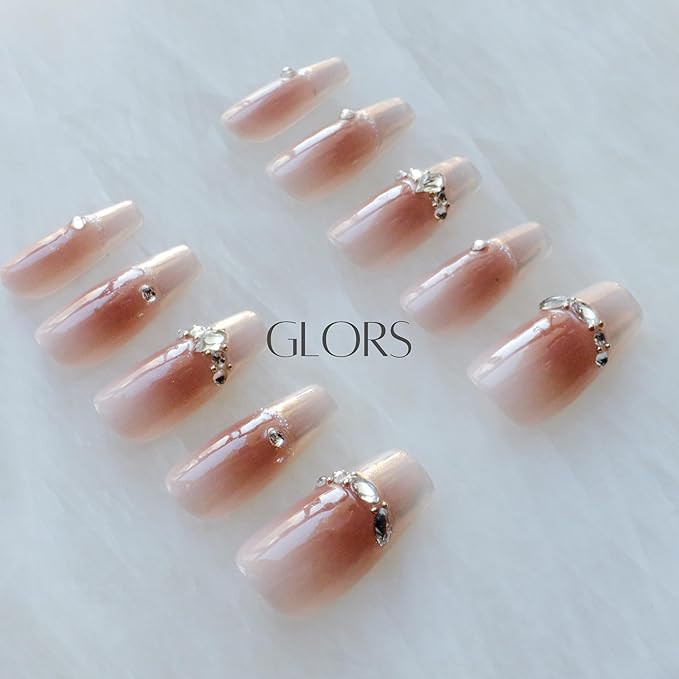 Long Ballerina Press-on Nails, Pink French Style with Rhinestones, Coffin Shape, Handmade False Nail 10 Pieces (Medium,LB)