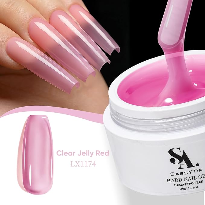 HEMA TPO Free Builder Hard Gel, 30g Salon Strength, 7 Shade Colors - Safe Allergy-Friendly Nail Gel for DIY at Home & Professional Nail Extensions, Sculpting, Apex Building (Clear Jelly Red)