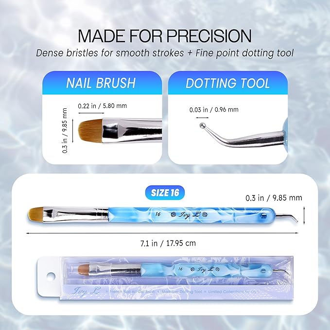 Ivy L Premium 2 Way French Gel Acrylic Nail Art Kolinsky Brush with Dotting Tool for Professional Manicure Cuticle Clean up Nail Art Design (Size # 16, Blue Marble)