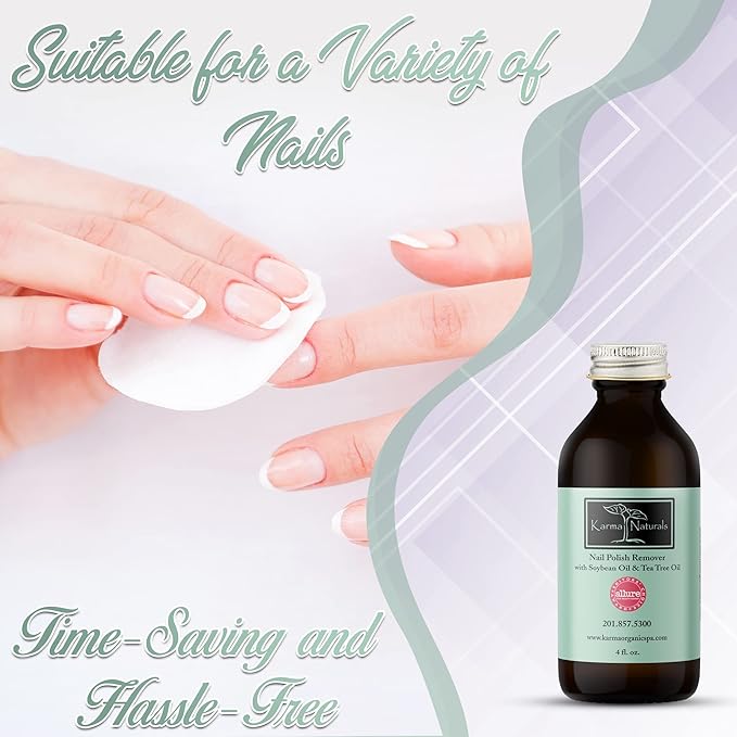 Karma Organic Nail Polish Remover with Soybean Oil and Tea Tree Oil- Non Toxic, Vegan, Cruelty Free, Acetone Free – Nails Strengthener for Fingernails – 4 fl. Oz.