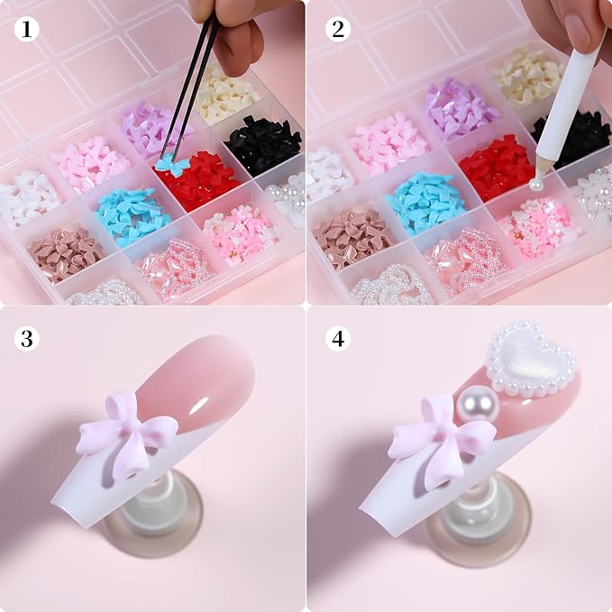 3D Nail Charms and Gems Kit Cute Colorful Bows for Nails Heart Moon Star Pearl Nail Charms with Picker Tools Kawaii Nail Art Charms for Nails Design Supplies Junk Cases DIY Decor Accessories
