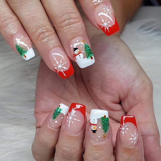 Christmas Press on Nails Medium Square MABKJLF French Tip Fake Nails False Nails with Snowman Snowflake Tree Designs Glossy Glue on Nail Winter Full Cover Acrylic Nails for Women Girls 24Pcs
