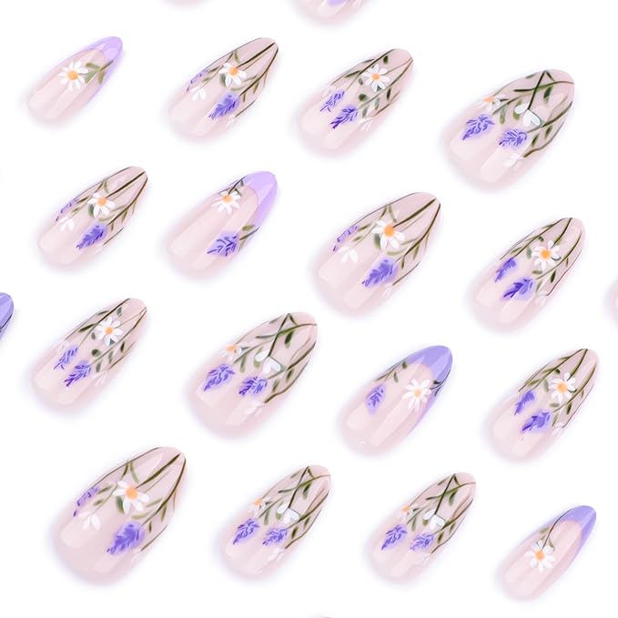 French Short Press On Nails Almond, Nude Fake Nails with Blue French Tip and Delicate Botanical Design, Glossy Gel Finish Acrylic Nails, Natural Reusable Glue On Nails Kit for Women, Serene Garden