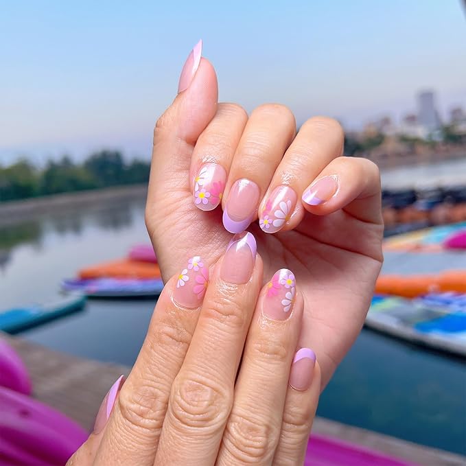 French Press on Nails Short Almond Purple French Fake Nails with Flowers Designs Acrylic Glue on Nails Reusable Gel Nail Glossy Artificial Nails Removable Stick on Nail for Women 24 Pcs