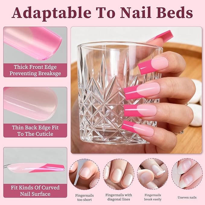 120PC Pink French Tip Press on Nails Long Fake Nails Press ons with 5*Adhesive Tabs, Pink Square Acrylic Nail Press on Nail French Tip Nails False Artificial Fingernails Stick on Nails-E