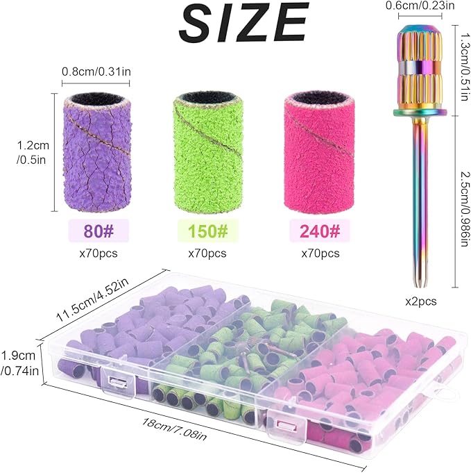 Rolybag Sanding Bands for Nail Drill Sanding Bands#80#150#240 Grits 210Pcs Color Coarse Fine Nail Sanding Bands 2Pcs Nail Drill Bits 3/32" Mandrel Bits Portable Storage Box Set