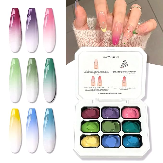 9 Colors Gradient Blooming Gel Nail Polish Palette, Aura Nail Art Kit for Blush Nails, Solid Creamy Gel for Ombre Nails, Sponge Patting Painting Gel, UV/LED Cured Nail Art Set for Beginners
