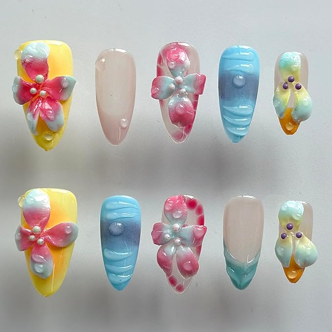 Luxury Press on Nails Medium Almond Handmade 3D Unique Reusable ABS Material Fake Nails French Tip False Nails with Designs Water Drop Flower Summer Glossy Glue on Nail Thick Acrylic Nail(S)