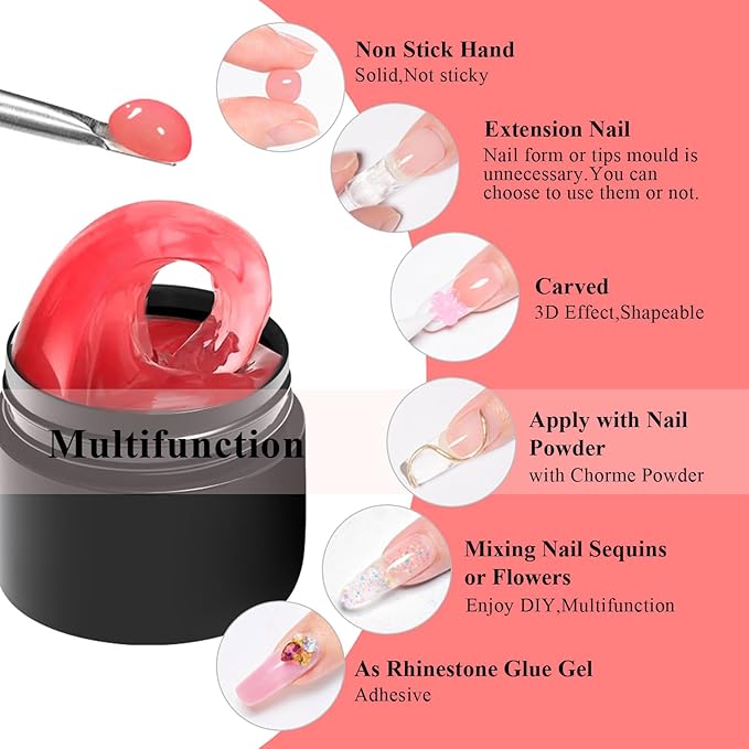 MEET ACROSS Solid Builder Gel for Nails, 3 Colors Solid Builder Non-Sticky Pink Rose Orange Hard Gel for Nails 3D Sculpture Nail Extension Kit