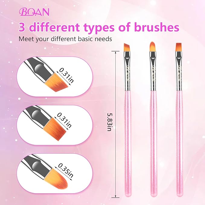 BQAN Nail Art Clean Up Brushes,3PCS Flat/Oval/Fine Angled Gel Nails Brush for Cleaning Polish Mistakes on the Cuticles, Nail Art Tools for Nails Design Painting and DIY (Purple)